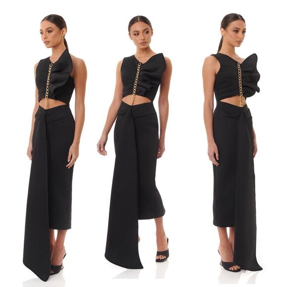 Eliya The Label Valorie Dress Black One Shoulder Chain Detail Aus L/ US M Glam - Picture 3 of 11